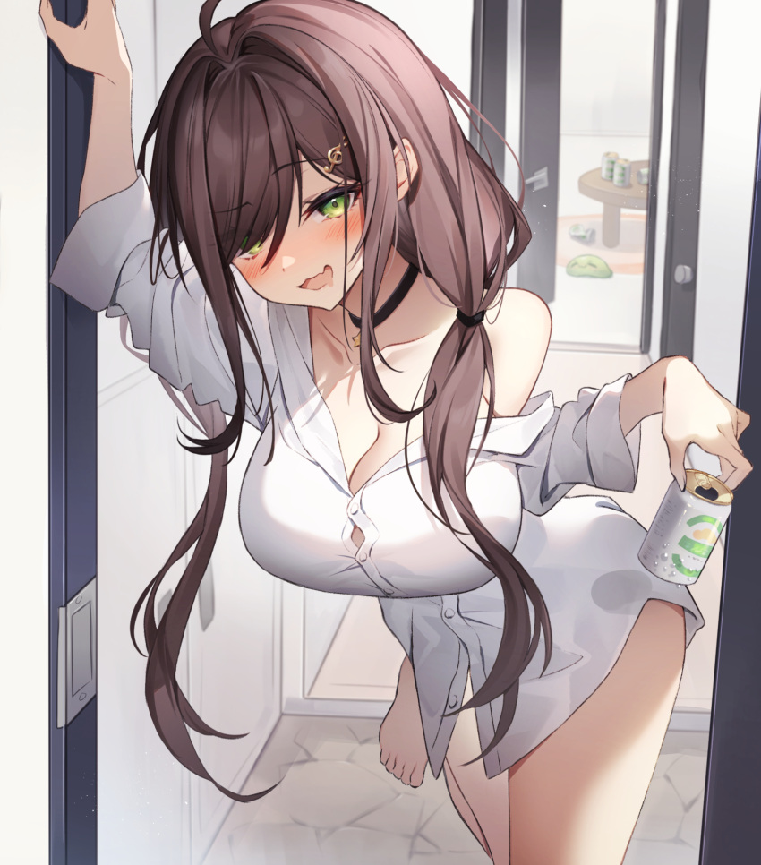 ahoge blush bottomless breasts brown_hair can choker cowboy_shot diieru door doorway dress_shirt drunk feet floor foot_up green_eyes hair_ornament highres holding holding_can indie_virtual_youtuber large_breasts leaning_on_object looking_at_viewer miori_celesta musical_note no_bra off_shoulder partially_undressed shirt single_off_shoulder slime_(creature) table thighs