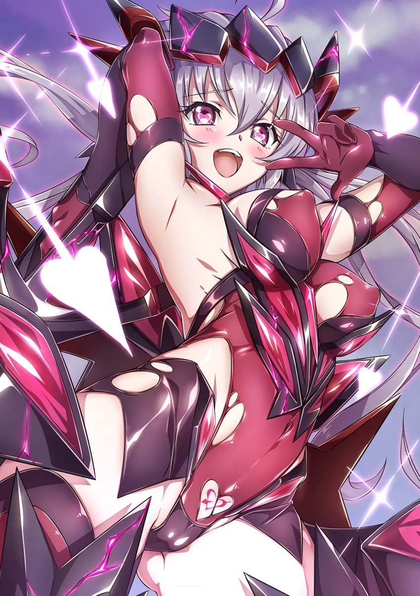 ahoge arm_up armpits ass_visible_through_thighs blush breasts corruption covered_navel covered_nipples dark_persona glowing gun headgear heart heart-shaped_pupils highres holding holding_gun holding_weapon ignite_module large_breasts leotard long_hair niko_(tama) non-web_source open_mouth pubic_tattoo purple_eyes red_leotard senki_zesshou_symphogear silver_hair skin_tight smile solo symbol-shaped_pupils tattoo teeth torn_clothes torn_leotard twintails v weapon yukine_chris