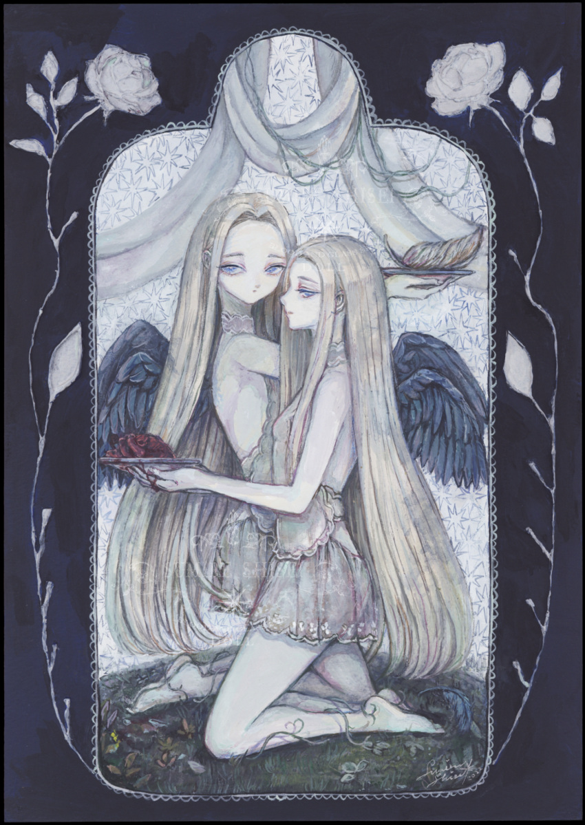 2girls acrylic_paint_(medium) angel angel_wings bare_shoulders barefoot black_wings blonde_hair blue_eyes commentary_request dress expressionless feathered_wings feathers flower full_body grass heart_(organ) highres holding holding_plate kneeling long_hair looking_at_viewer multiple_girls original painting_(medium) plate profile rose short_dress siblings sumire_shisei traditional_media twins very_long_hair white_flower white_rose wings