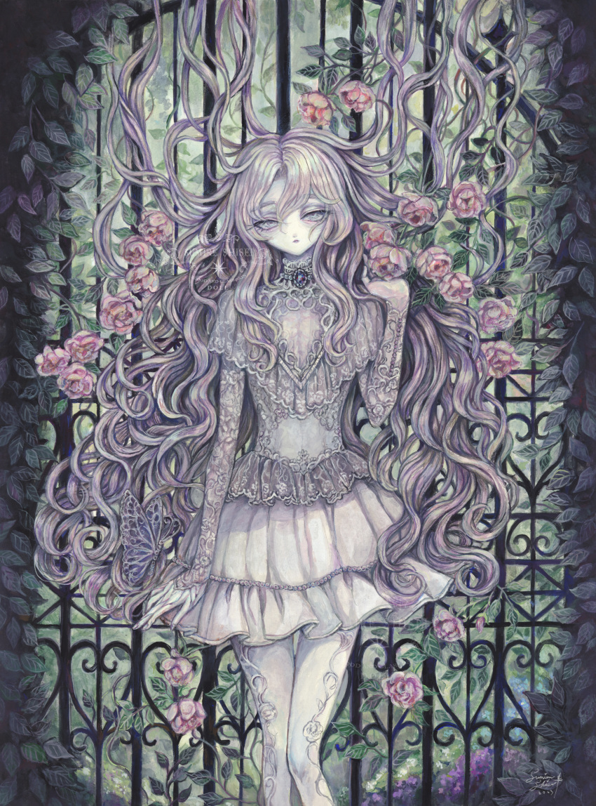 1girl absurdres acrylic_paint_(medium) brooch commentary_request dress expressionless flat_chest flower gate grey_eyes grey_hair hair_spread_out highres jewelry lace long_hair looking_at_viewer original painting_(medium) pale_skin pink_flower pink_rose plant rose solo sumire_shisei traditional_media very_long_hair vines wavy_hair white_dress