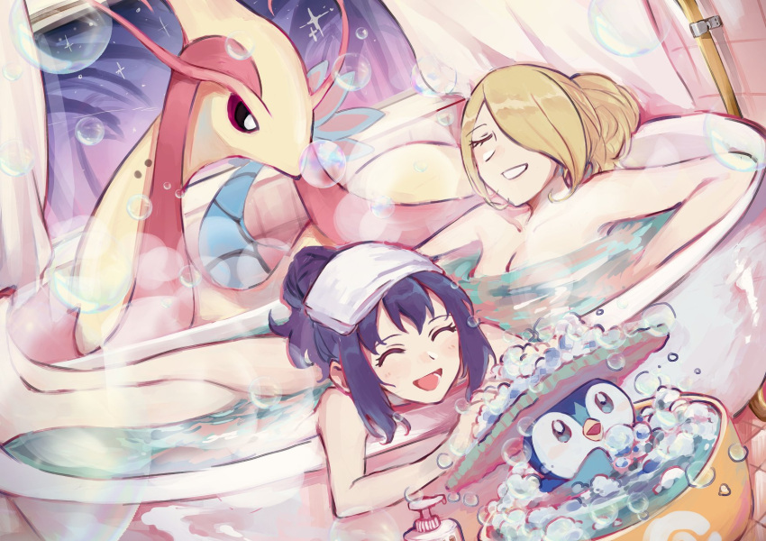 2girls 2others :d ^_^ bath bathing bathroom bathtub bird blonde_hair blue_hair bubble bubble_bath chikiso closed_eyes completely_nude crossed_legs cynthia_(pokemon) dawn_(pokemon) hair_over_one_eye highres leaning_on_object liquid_soap milotic multiple_girls multiple_others nude partially_submerged penguin piplup poke_ball_symbol pokemon pokemon_(creature) pokemon_dppt ponytail reclining relaxing same-sex_bathing shared_bathing sidelocks sky smile soap soap_bubbles star_(sky) starry_sky steam swept_bangs towel towel_on_head window