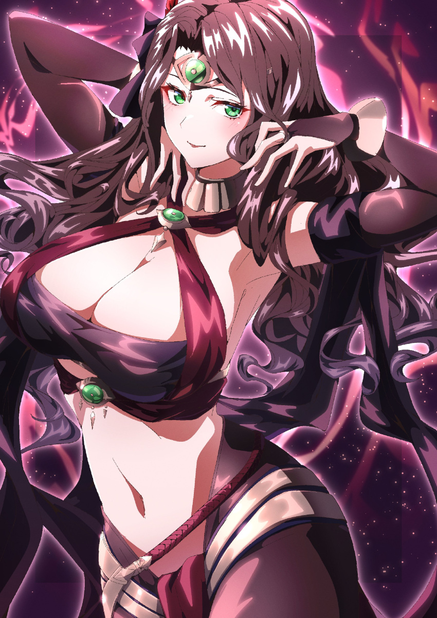 1girl absurdres armpits bracelet breasts brown_hair choker cleavage closed_mouth dancer dorothea_arnault dorothea_arnault_(plegian) fire_emblem fire_emblem:_three_houses fire_emblem_heroes green_eyes hands_up hat highres jewelry large_breasts long_hair looking_at_viewer navel official_alternate_costume revealing_clothes smile solo stomach to_(tototo_tk) two-tone_background