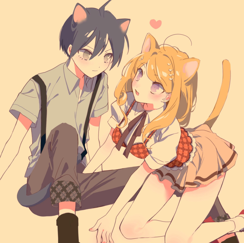 1boy 1girl ahoge akamatsu_kaede all_fours alternate_costume animal_ears ankle_socks bare_legs black_socks blonde_hair blue_hair blue_shirt bow bowtie brown_bow brown_bowtie brown_pants brown_skirt cat_ears cat_tail closed_mouth collared_shirt commentary_request danganronpa_(series) danganronpa_v3:_killing_harmony eye_contact eyelashes feet_out_of_frame green_eyes hair_between_eyes hair_ornament heart hetero highres kemonomimi_mode lace-trimmed_tank_top lace_trim light_blush looking_at_another miniskirt musical_note musical_note_hair_ornament open_mouth pants pleated_skirt puffy_short_sleeves puffy_sleeves purple_eyes red_footwear red_tank_top saihara_shuichi shirt shoes short_sleeves simple_background sitting skirt smile socks suspenders tail tank_top v-shaped_eyebrows white_shirt white_sleeves white_socks yellow_background zang_li