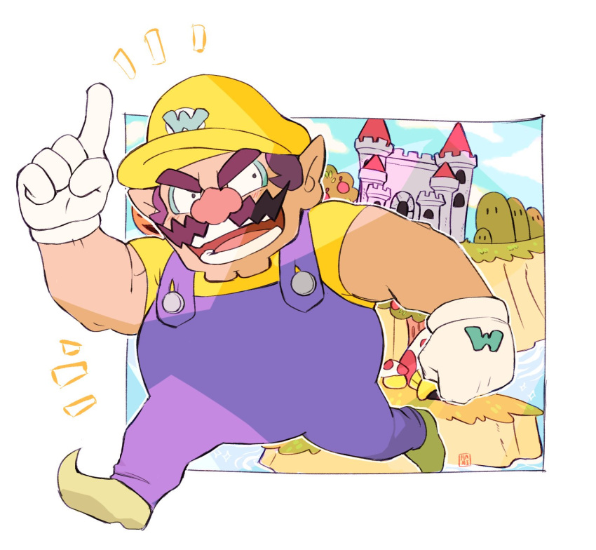 1boy big_nose brown_hair castle cleft_chin clenched_hand cutie-png facial_hair gloves green_footwear hat highres mustache overalls pointy_ears purple_overalls shirt thick_eyebrows wario wario_land white_gloves yellow_hat yellow_shirt