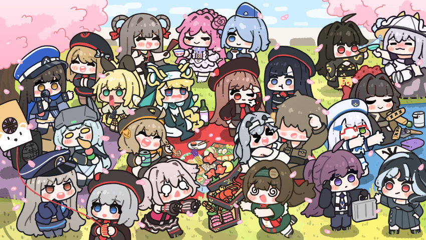 1boy 6+girls :d @_@ absurdres amplifier anis_(nikke) aqua_eyes belorta_(nikke) bento beret black_hair black_pantyhose blonde_hair blue_eyes blue_hair blush_stickers bottle braid breasts brid_(nikke) brown_hair can cherry_blossoms chibi cleavage commander_(nikke) commentary cup dango diesel_(nikke) dolla_(nikke) dorothy_(nikke) eating emma_(nikke) english_commentary eunhwa_(nikke) food food_art glasses gloves goddess_of_victory:_nikke grey_hair hair_ornament hairband hand_fan hat headgear heart heart-shaped_pupils highres holding holding_fan holding_microphone japanese_clothes kimono kite_flying kiwichip long_hair mica_(nikke) mica_(snow_buddy)_(nikke) microphone modernia_(nikke) moran_(nikke) multicolored_hair multiple_girls necktie neon_(nikke) obi open_mouth outdoors pantyhose pink_hair purple_eyes purple_hair rapi_(nikke) rapunzel_(nikke) rosanna_(ms.dangerous)_(nikke) rosanna_(nikke) rupee_(nikke) sakazuki sakura_(nikke) sash scarlet_(nikke) sitting skirt smile snow_white_(nikke) soline_(nikke) suitcase sunglasses symbol-shaped_pupils tako-san_wiener tears teeth thighhighs two-tone_hair veil vesti_(nikke) wagashi white_thighhighs yan_(nikke) yellow_eyes