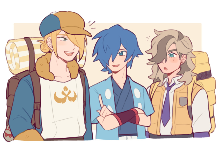 3boys arven_(pokemon) backpack bag blonde_hair blue_hair brown_hair collarbone collared_shirt colored_eyelashes crossed_arms falkner_(pokemon) ginkgo_guild_uniform hair_over_one_eye hat highres male_focus multiple_boys necktie pokemon pokemon_hgss pokemon_legends:_arceus pokemon_sv purple_necktie school_uniform shirt tamatanz trait_connection upper_body uva_academy_school_uniform volo_(pokemon)