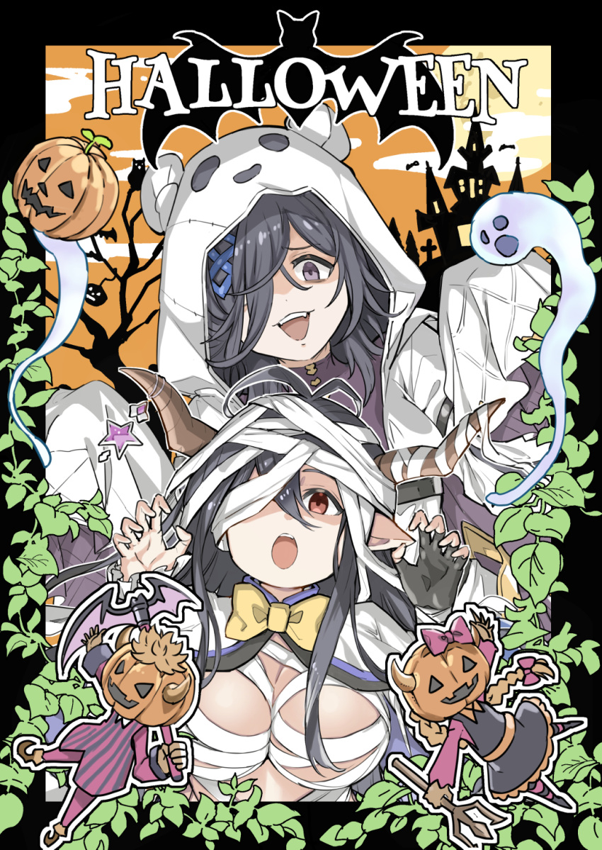 2girls bandaged_head bandages black_border black_gloves border bow bowtie breasts claw_pose danua doll ghost gloves granblue_fantasy hair_over_one_eye halloween hands_up highres hooded_robe horns jack-o'-lantern large_breasts lich_(granblue_fantasy) looking_at_viewer mika_(gbf) multiple_girls open_mouth pointy_ears purple_eyes red_eyes robe shaded_face single_glove sleeves_past_fingers sleeves_past_wrists smile white_robe