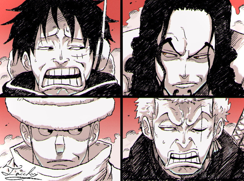 4boys black_eyes black_hair closed_mouth disgust earrings facial_hair frown goatee grimace hat headphones highres jewelry kaku_(one_piece) long_hair long_nose looking_at_another male_focus monkey_d._luffy monochrome multiple_boys multiple_earrings one_eye_closed one_piece open_mouth orange_eyes partially_colored portrait red_background rob_lucci roronoa_zoro scar scar_across_eye scar_on_face short_hair small_sweatdrop sword tacchan56110 teeth weapon white_hat