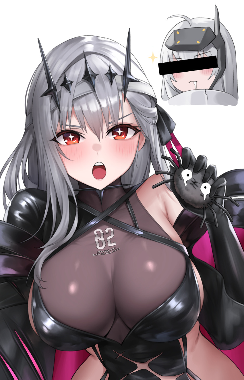 2girls absurdres black_crown_(object) black_gloves black_leotard blush breasts cleavage gloves goddess_of_victory:_nikke grey_hair highres kurone_rinka large_breasts leotard long_hair looking_at_viewer modernia_(nikke) modernia_(second_affection)_(nikke) multiple_girls open_mouth red_eyes see-through see-through_cleavage sideless_outfit single_bare_shoulder solo_focus sparkling_eyes