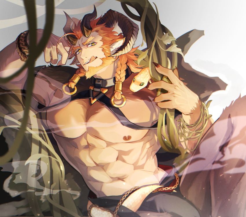 1boy abs absurdres animal_ears another_eidos-r azmond_(another_eidos) bara bare_pectorals beard body_fur bracelet braid bulge chain chest_harness curled_horns facial_hair fingernails forked_eyebrows full_beard goat_boy goat_ears goat_horns gold_chain gradient_background grey_background harness highres horizontal_pupils horns jewelry large_pectorals licking_lips looking_at_viewer low_twin_braids male_focus multiple_horns muscular muscular_male mustache_stubble muuunya000 nipples orange_hair pectorals plant satyr sharp_fingernails sitting smoke snake solo stubble thick_eyebrows tongue tongue_out twin_braids vines