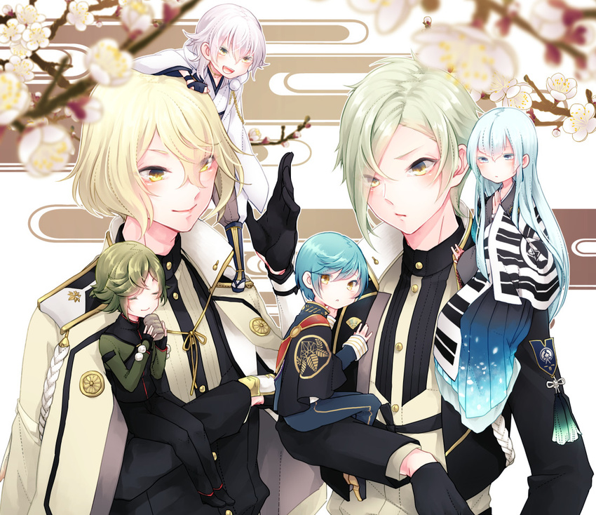 aqua_hair black_gloves blonde_hair blue_eyes blue_hair blurry branch cape closed_eyes cup depth_of_field egasumi eyes_visible_through_hair flower fukeda_chiho gloves green_hair hair_over_one_eye higekiri_(touken_ranbu) hizamaru_(touken_ranbu) ichigo_hitofuri japanese_clothes kousetsu_samonji male_focus miniboy multiple_boys open_mouth smile touken_ranbu tsurumaru_kuninaga uguisumaru white_hair yellow_eyes yunomi