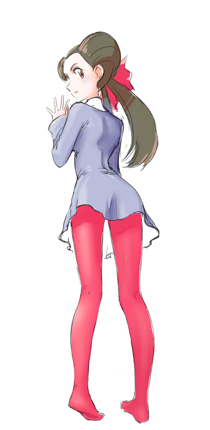 1girl absurdres brown_hair feet from_behind hair_pulled_back highres legs looking_at_viewer looking_back pantyhose pink_eyes pink_pantyhose pokemon pokemon_rse roxanne_(pokemon) simple_background solo twintails u4_99384295