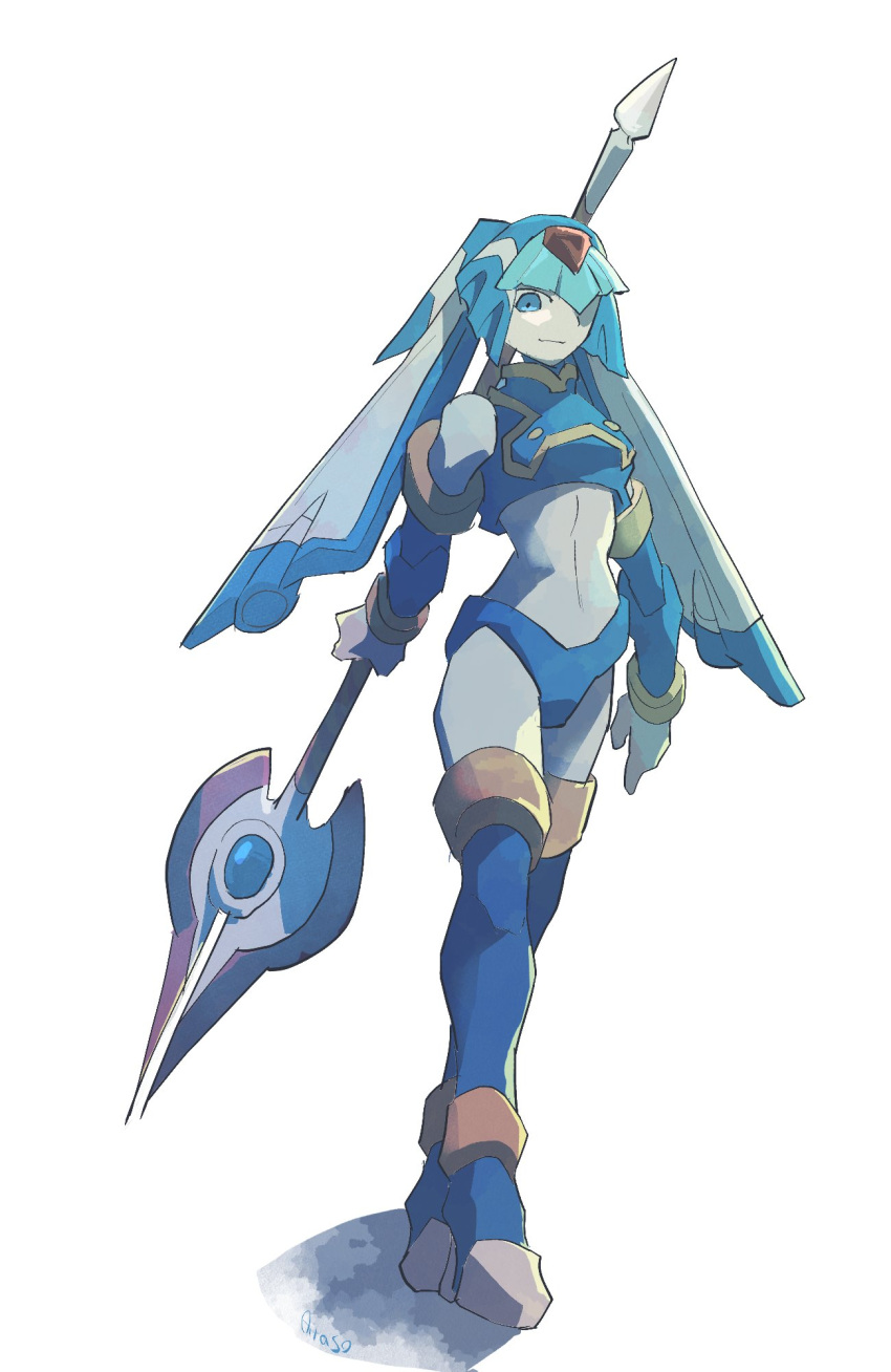 1girl armor blue_armor blue_eyes blue_footwear blue_helmet boots fairy_leviathan_(mega_man) forehead_jewel full_body highres holding holding_polearm holding_weapon looking_at_viewer mega_man_(series) mega_man_zero_(series) polearm simple_background smile solo spear thigh_boots weapon white_background yaseinotaso