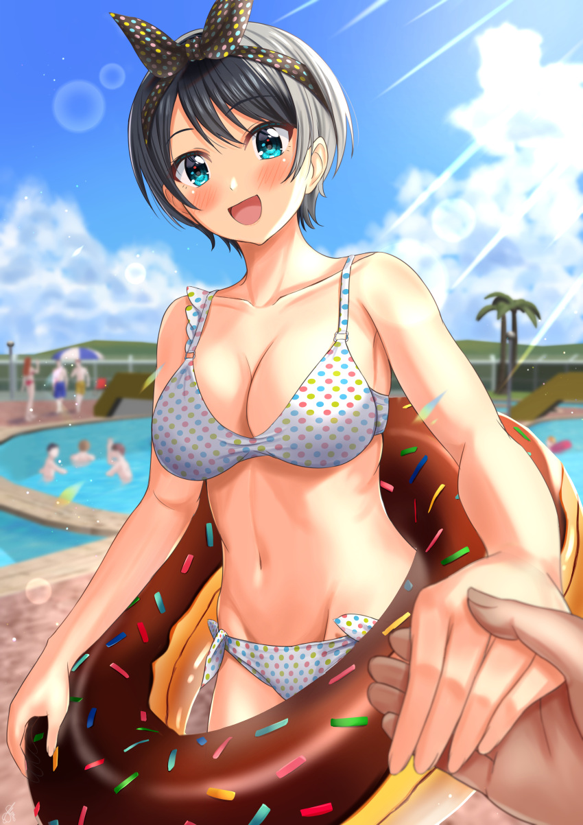 absurdres akiyama0818 bikini black_hair blue_eyes bow_hairband doughnut food hairband hand_grab highres kanojo_okarishimasu looking_at_viewer open_mouth polka_dot polka_dot_bikini polka_dot_hairband pool sarashina_ruka short_hair swimsuit