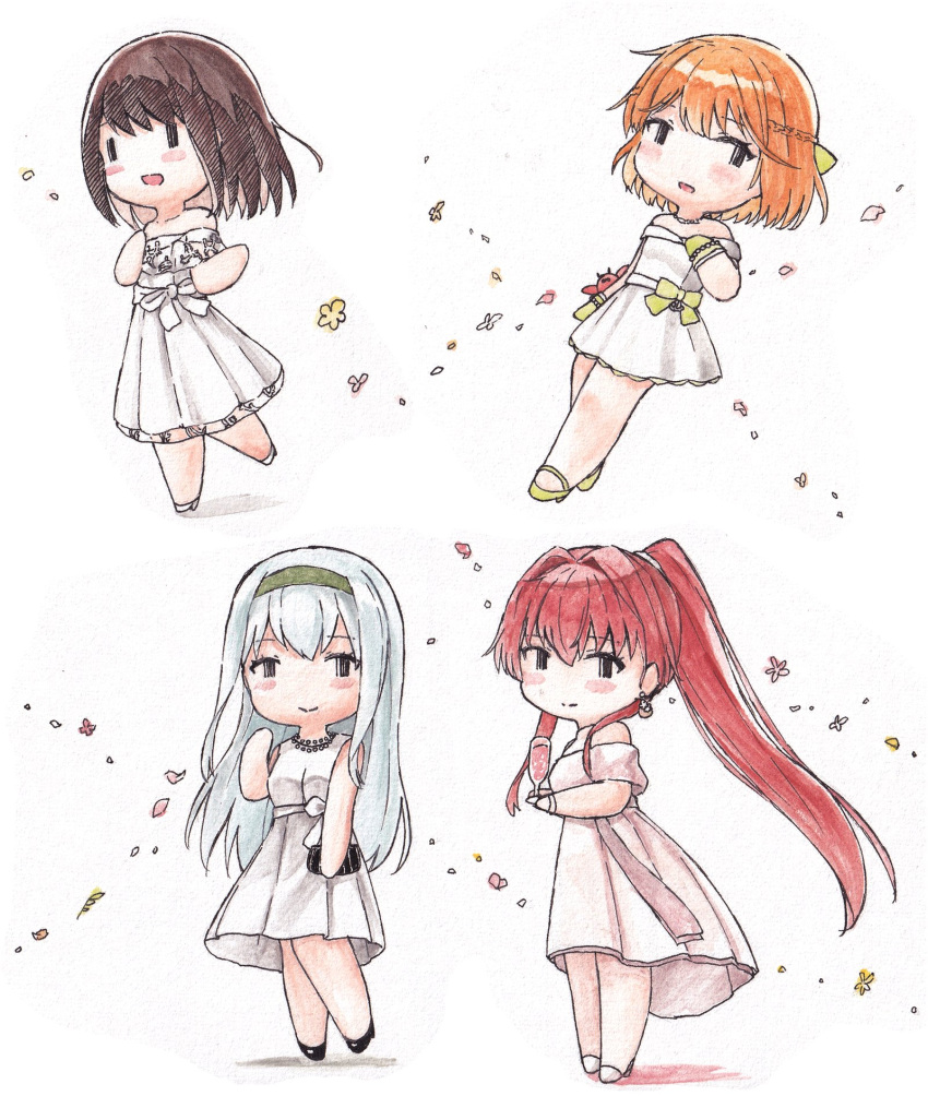 4girls bare_shoulders blush breasts brown_hair champagne_flute chibi crab cup dress drinking_glass fubuki_(kancolle) hairband highres holding holding_cup kantai_collection long_hair multiple_girls oboro_(kancolle) official_art open_mouth orange_hair petals poipoi_purin ponytail red_hair short_hair shoukaku_(kancolle) simple_background sleeveless sleeveless_dress standing white_background white_dress yamato_(kancolle)