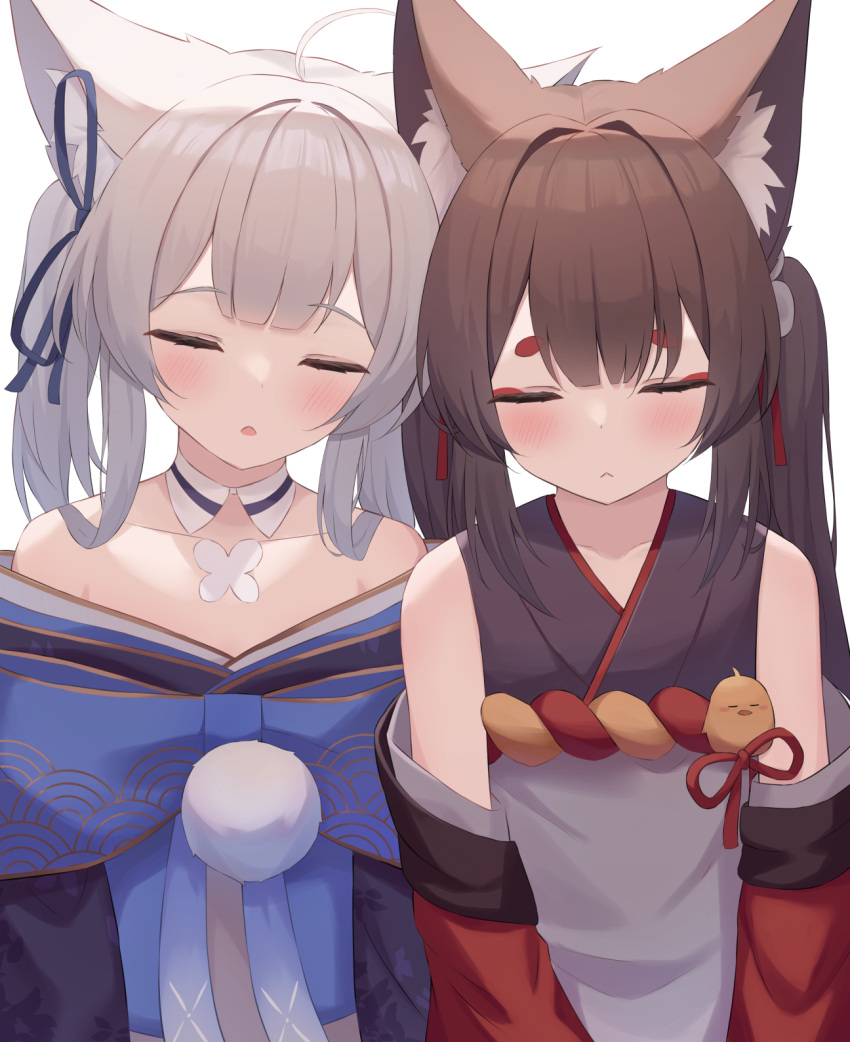 2girls aged_down amagi-chan_(azur_lane) animal_ear_fluff animal_ears azur_lane bare_shoulders blue_kimono blue_ribbon blush brown_hair closed_eyes eyeliner fuka_kurotsuji hair_ribbon highres hikimayu japanese_clothes kimono leaning_on_person low_twintails makeup manjuu_(azur_lane) multiple_girls parted_lips red_eyeliner ribbon shinano-chan_(azur_lane) simple_background sleeping twintails white_background white_hair