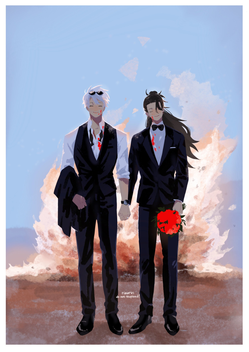 2boys absurdres alternate_costume black_hair black_pants blood blood_on_face bouquet couple explosion facing_viewer getou_suguru gojou_satoru highres holding holding_bouquet holding_hands jujutsu_kaisen long_sleeves male_focus multiple_boys pants rizurin shirt short_hair smile standing sunglasses white_hair yaoi