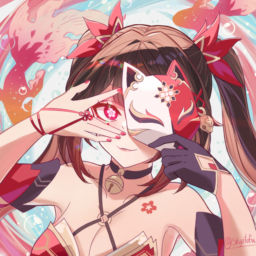 1girl bare_shoulders black_gloves breasts brown_hair cleavage closed_mouth collarbone commentary covering_face dress fish flower-shaped_pupils fox_mask gloves glowing glowing_eye highres holding holding_mask honkai:_star_rail honkai_(series) large_breasts long_hair looking_at_viewer mask nail_polish pink_eyes portrait red_dress red_nails sidelocks single_glove skyztofu sleeveless sleeveless_dress smile solo sparkle_(honkai:_star_rail) symbol-shaped_pupils twintails v_over_eye