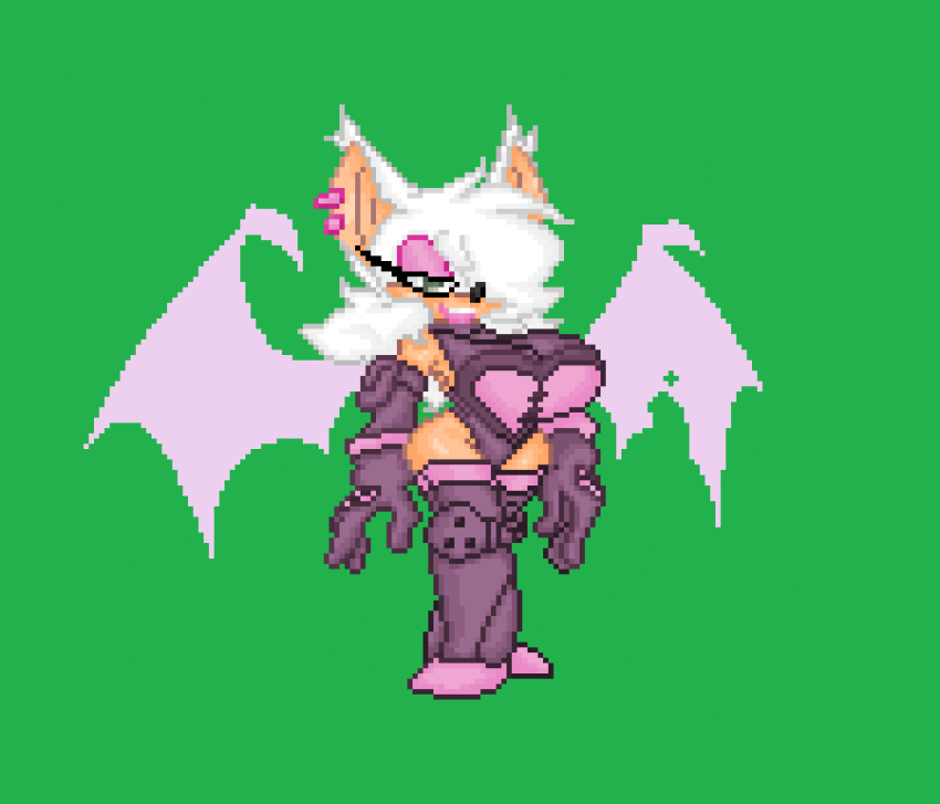 alternate_hairstyle animated anthro armwear bat big_breasts bouncing_breasts breasts clothing ear_piercing ear_ring elbow_gloves eyelashes eyeshadow female fur gloves green_background grin hair handwear hi_res legwear leotard makeup mammal piercing pink_wings ring_piercing rouge_the_bat sega simple_background smile solo sonic_the_hedgehog_(series) standing tan_body tan_fur white_hair wide_hips wings zayko39206424