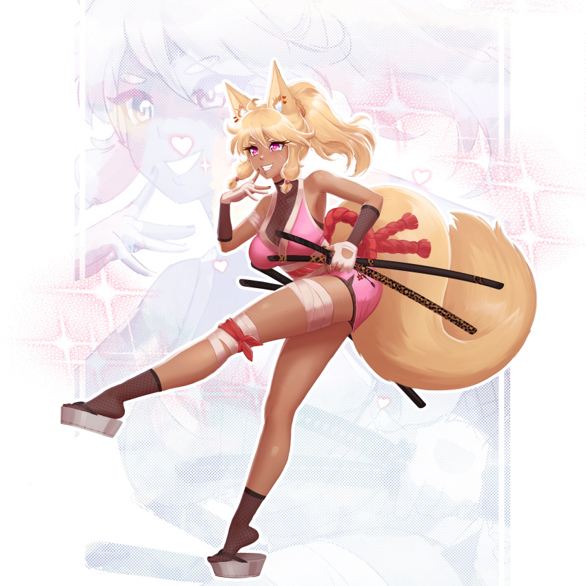 1girl absurdres animal_ear_fluff animal_ears animal_print bandages bare_shoulders blonde_hair breasts dark-skinned_female dark_skin earrings fishnet_armwear fishnet_socks fishnet_top fishnets fox_ears fox_girl fox_tail full_body gloves gyaru hair_between_eyes hair_ornament heart high_ponytail highres holding holding_sheath holding_sword holding_weapon japanese_clothes jewelry katana kimono kitsune large_breasts leg_up leopard_print multiple_swords nail_polish ninja obi original pink_eyes pink_kimono ponytail purple_eyes rolleta_sousa samurai sandals sash sheath sheathed short_kimono simple_background sleeveless smile socks solo standing standing_on_one_leg sword tail tan thick_thighs thigh_strap thighs weapon white_background yellow_fur