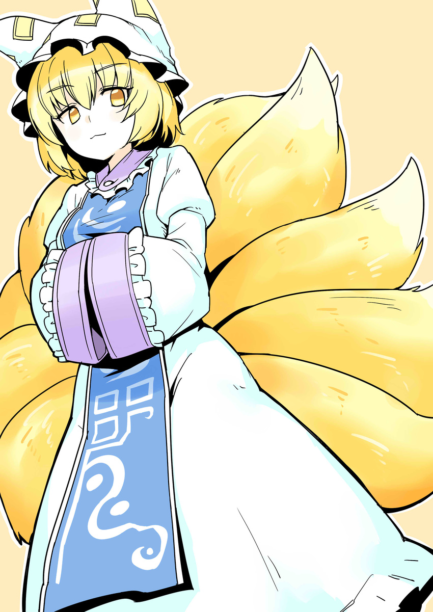 :3 absurdres bangs blonde_hair collar commentary_request dress eyebrows eyebrows_visible_through_hair fox_tail frilled_hat frilled_shirt_collar frilled_sleeves frills hands_in_opposite_sleeves hat highres long_sleeves looking_at_viewer multiple_tails oninamako perfect_cherry_blossom pillow_hat puffy_sleeves short_hair simple_background sketch solo tabard tail tan_background touhou wide_sleeves yakumo_ran yellow_eyes