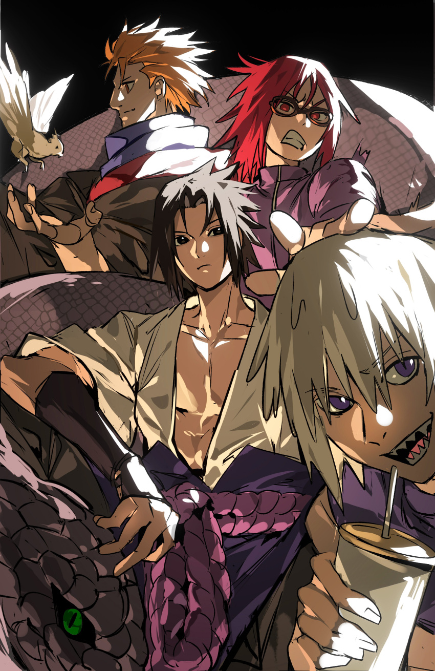 1girl 3boys absurdres bird black_background black_eyes black_hair clenched_teeth closed_mouth cup drinking_straw furrowed_brow glasses green_eyes grey_hair hair_between_eyes highres holding holding_cup hoozuki_suigetsu jacket juugo_(naruto) karin_(naruto) medium_hair multiple_boys naruto_(series) naruto_shippuuden open_clothes open_shirt orange_hair parted_bangs pectorals purple_eyes purple_jacket purple_skirt red_eyes red_hair rope shark_boy sharp_teeth shirt short_hair skirt smile snake teeth uchiha_sasuke white_shirt xi_luo_an_ya