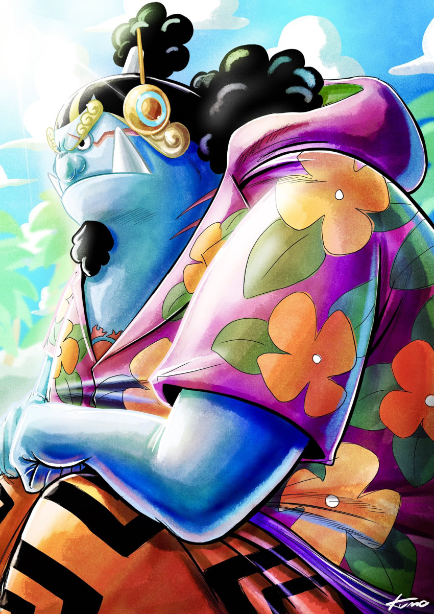 1boy artist_name black_hair blue_skin blue_sky cloud cloudy_sky colored_skin curly_hair facial_hair fish_boy floral_print goatee headphones highres hood hood_down jinbe_(one_piece) kumo_d7 long_hair male_focus one_piece orange_pants outdoors pants pink_shirt ponytail serious shirt sitting sky sunlight tusks