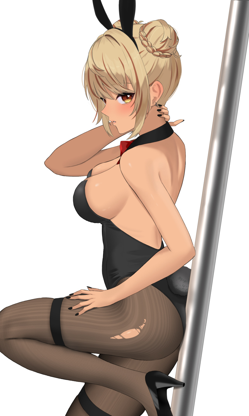 1girl 4kebidayo absurdres alternate_costume animal_ears arm_behind_head ass backless_leotard bare_shoulders black_footwear black_hairband black_leotard black_nails blonde_hair bow bowtie braid braided_bun breasts brown_hair brown_pantyhose dark-skinned_female dark_skin detached_collar double_bun earrings fake_animal_ears fake_tail from_side gyaru hair_bun hairband hand_on_own_neck hand_on_own_thigh heart heart_in_eye high_heels highleg highleg_leotard highres jewelry kaminari_qpi large_breasts leotard looking_at_viewer looking_back multicolored_hair orange_eyes pantyhose parted_lips playboy_bunny pole rabbit_ears rabbit_tail red_bow red_bowtie shoes short_hair simple_background skindentation solo strapless strapless_leotard streaked_hair stripper_pole symbol_in_eye tail thigh_strap thighs torn_clothes torn_pantyhose virtual_youtuber vspo! white_background