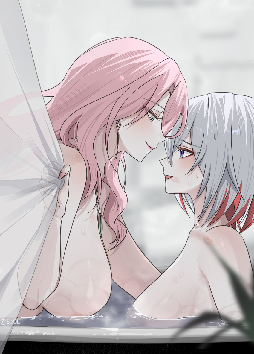 2girls absurdres baconontheclock breasts closed_mouth fingering highres honkai:_star_rail honkai_(series) jade_(honkai:_star_rail) large_breasts lipstick_mark long_hair multicolored_hair multiple_girls parted_lips partially_submerged pink_hair red_hair topaz_(honkai:_star_rail) water yuri