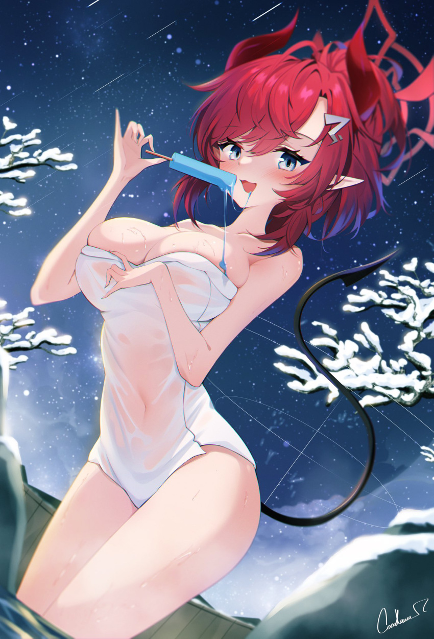 1girl :3 :d adjusting_clothes alternate_costume bare_shoulders blue_archive blurry breasts cleavage cocokawa_(cjsj8353) collarbone commentary_request covered_navel demon_girl demon_horns demon_tail depth_of_field food hair_between_eyes halo highres holding holding_food holding_popsicle horns in_water large_breasts long_hair looking_at_viewer megu_(blue_archive) naked_towel night night_sky onsen outdoors pointy_ears ponytail popsicle rock see-through sidelocks sky smile snow solo star_(sky) starry_sky tail towel tree white_towel