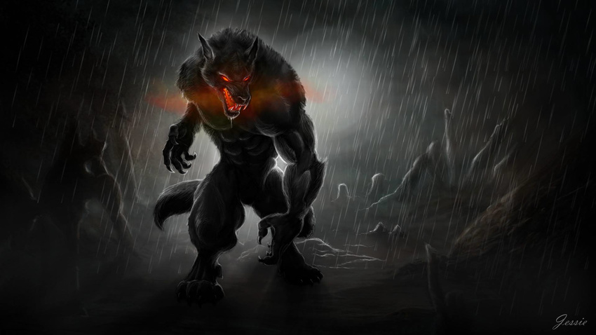 abs alpha black_fur black_hair canine claws dark fangs fog fur hair jessie_(artist) looking_down mammal mist moon mountain night open_mouth outside raining red_eyes rock stone teeth tongue were werewolf wolf