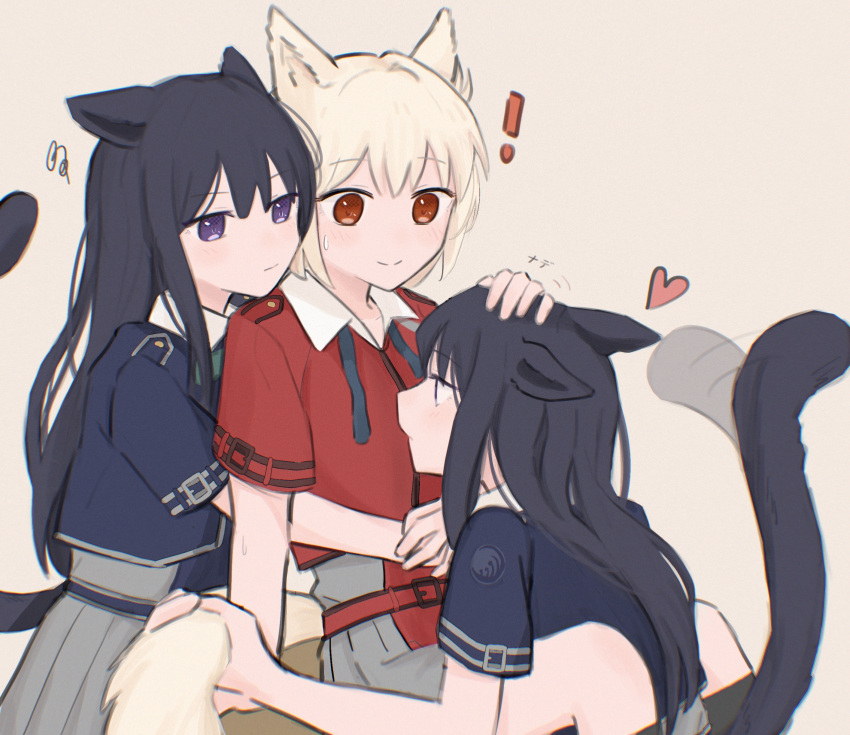 3girls absurdres animal_ears between_legs black_hair blonde_hair blue_dress blue_ribbon blush brown_background cat_ears cat_girl cat_tail clone closed_mouth commentary_request dog_ears dog_girl dog_tail dress girl_sandwich grabbing_another's_tail hand_on_another's_head heart highres hug hug_from_behind inoue_takina kemonomimi_mode long_hair lycoris_recoil lycoris_uniform masaru_(kises_j) medium_hair multiple_girls neck_ribbon nishikigi_chisato purple_eyes red_dress red_eyes ribbon sandwiched simple_background sitting sweatdrop tail tail_wagging untied_ribbon yuri