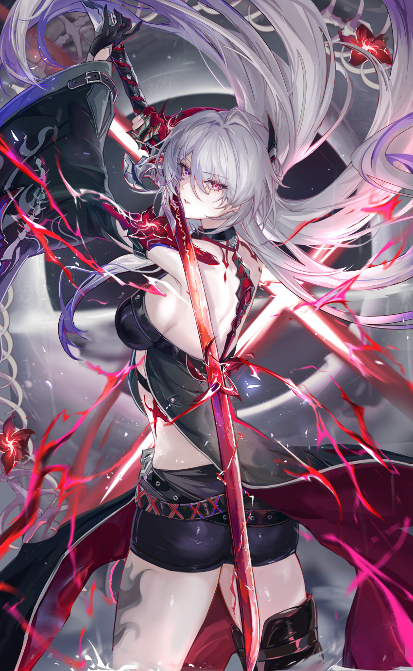 1girl absurdres acheron_(honkai:_star_rail) ass bare_back bare_shoulders belt black_belt black_choker black_gloves black_shorts breasts choker commentary_request cowboy_shot flower gloves grey_hair highres holding holding_sword holding_weapon honkai:_star_rail honkai_(series) katana leg_tattoo long_hair looking_at_viewer midriff official_alternate_color purple_eyes red_flower revision short_shorts shorts solo standing sword tattoo vardan very_long_hair weapon