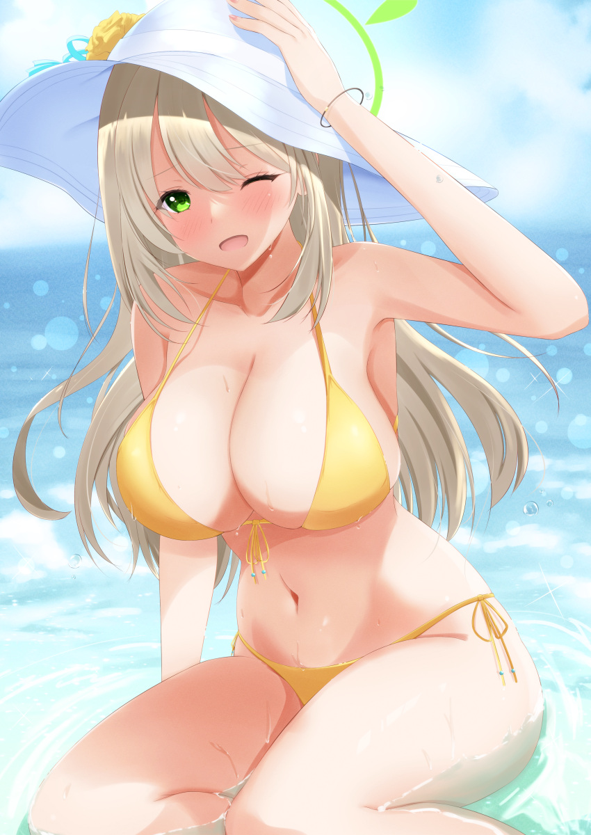 1girl absurdres arm_support bare_arms bikini blonde_hair blue_archive blue_sky blush bracelet breasts cleavage cloud day flower green_eyes hair_between_eyes halo hand_on_headwear hat hat_flower highres jewelry large_breasts long_hair looking_at_viewer miyakoshin053 navel nonomi_(blue_archive) nonomi_(swimsuit)_(blue_archive) ocean official_alternate_costume one_eye_closed open_mouth outdoors partially_submerged side-tie_bikini_bottom sidelocks sky smile solo sun_hat swimsuit white_hat yellow_bikini yellow_flower