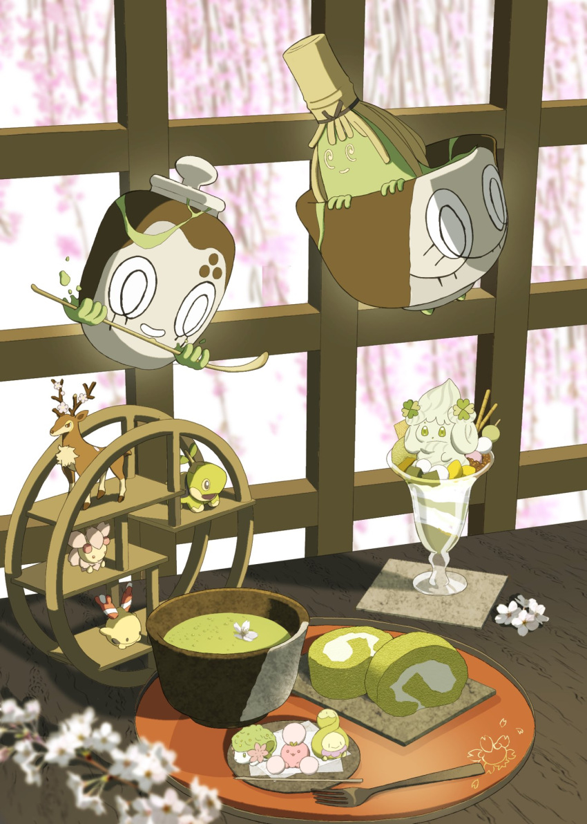 alcremie alcremie_(matcha_cream) blurry blurry_foreground budew cherrim cherrim_(sunshine) chingling commentary_request cup floating flower glass green_eyes highres jumpluff matcha_(food) mri_361 no_humans parfait plate pokemon pokemon_(creature) polteageist sawsbuck sawsbuck_(spring) shaymin sinistcha teacup turtwig white_flower