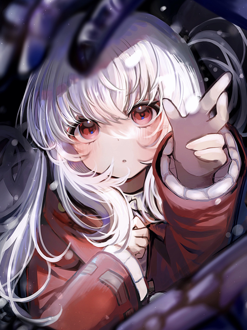 1girl clara_(honkai:_star_rail) hand_on_own_chest highres honkai:_star_rail honkai_(series) jacket looking_up mint_chocoooo red_eyes red_jacket snowing white_hair