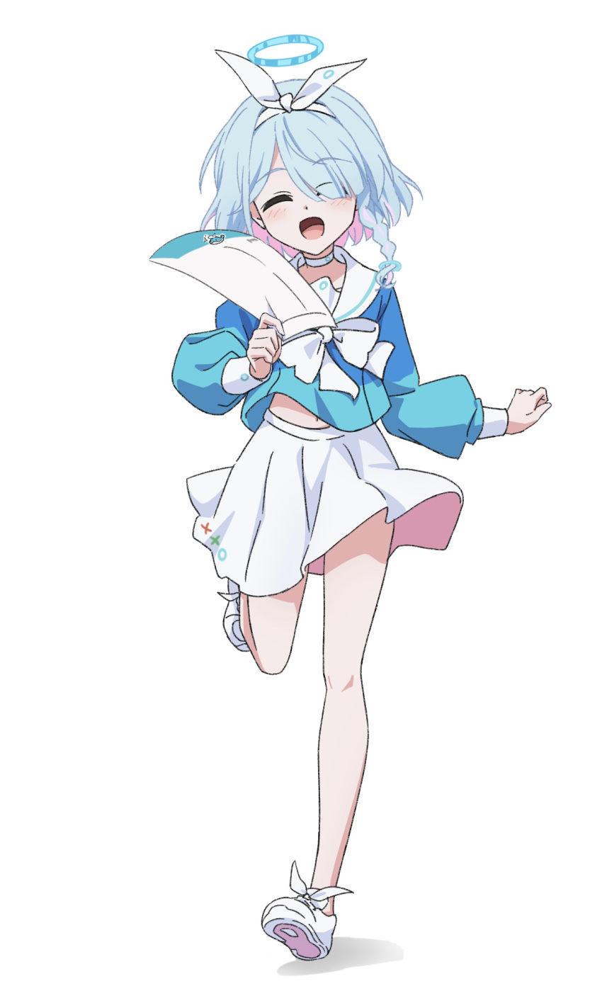 1girl :d arona_(blue_archive) bare_legs blue_archive blue_bow blue_bowtie blue_hair blue_halo blue_shirt blush bow bowtie braid choker closed_eyes colored_inner_hair commentary_request envelope full_body hair_bow hair_over_one_eye hairband halo hand_up happy highres holding holding_envelope kanata_mako leg_up long_sleeves miniskirt multicolored_hair navel open_mouth pink_hair pleated_skirt sailor_collar sailor_shirt school_uniform shirt shoes short_hair simple_background single_braid skirt smile sneakers soles solo standing standing_on_one_leg walking white_background white_bow white_choker white_footwear white_hairband white_sailor_collar white_shirt