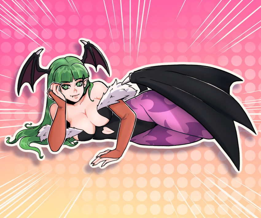 1girl animal_print bare_shoulders bat_print black_leotard breasts bridal_gauntlets clothing_cutout gradient_background green_eyes green_hair head_wings heart_cutout highres leotard long_hair looking_at_viewer morrigan_aensland nicbolt99 pantyhose print_pantyhose smile solo strapless strapless_leotard vampire_(game) wings