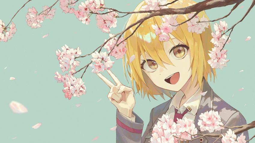 1girl absurdres aqua_background blonde_hair cherry_blossoms coat collared_shirt don_quixote_(project_moon) grey_coat highres limbus_company long_sleeves necktie petals project_moon red_necktie shirt short_hair simple_background sinlu solo tomboy upper_body v white_shirt yellow_eyes