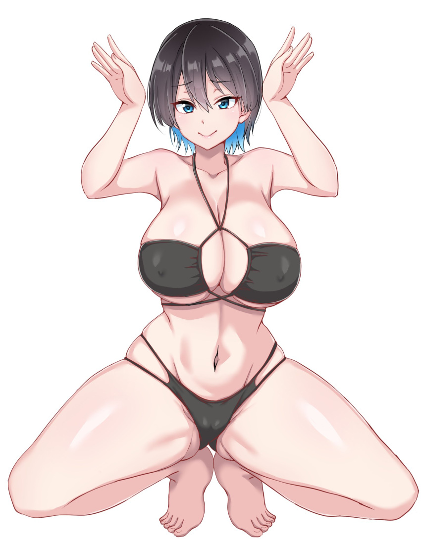 1girl barefoot bikini black_bikini black_hair blue_eyes blue_hair breasts bunny_garden cleavage colored_inner_hair covered_nipples full_body highres kotokoto_(jumon) large_breasts midriff miuka_(bunny_garden) multicolored_hair navel rabbit_pose simple_background solo squatting stomach swimsuit toes white_background