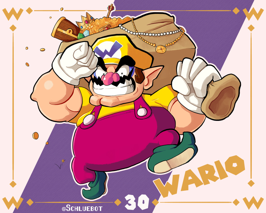 1boy absurdres andrew_schlueter big_nose cleft_chin clenched_hand crown facial_hair gloves green_footwear grin highres muscular muscular_male mustache overalls pointy_ears purple_overalls shirt smile super_smash_bros. thick_eyebrows treasure treasure_chest twitter_username wario wario_land white_gloves yellow_shirt