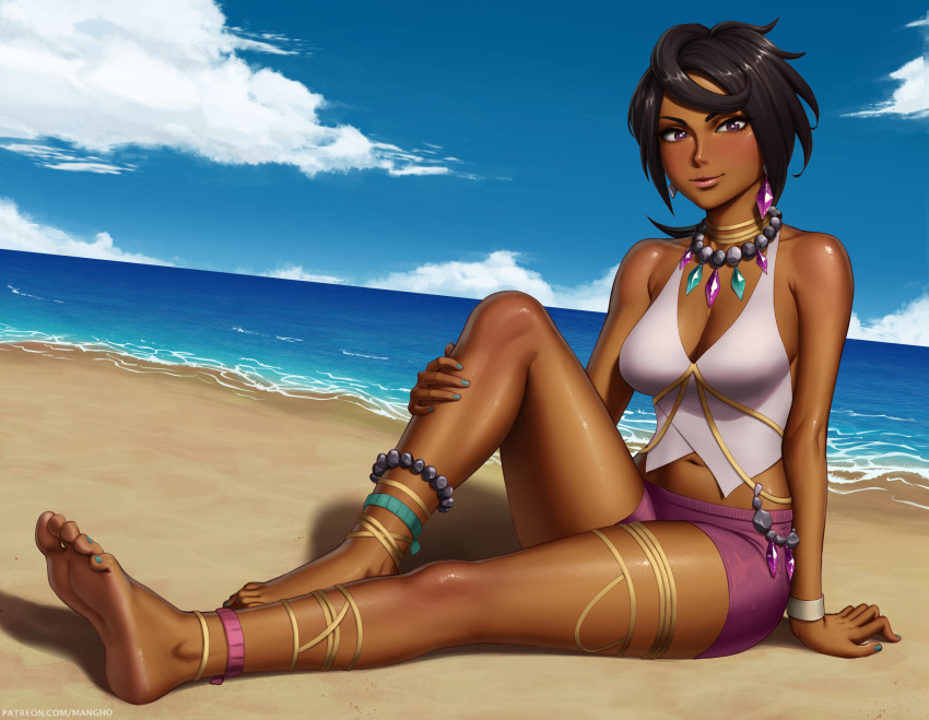 1girl anklet arm_support barefoot black_hair breasts choker cleavage closed_mouth cloud commentary dark-skinned_female dark_skin day earrings feet highres jewelry knees looking_at_viewer mangho nail_polish navel necklace olivia_(pokemon) outdoors pokemon pokemon_sm purple_shorts sand shirt shore shorts sitting sky sleeveless sleeveless_shirt smile toenail_polish toenails toes water wristband