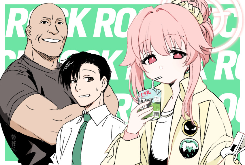 1girl 2boys bald black_hair black_lagoon black_shirt blue_archive brown_eyes collared_shirt commentary crossover dokuromaru drinking_straw drinking_straw_in_mouth green_necktie hair_bun hair_ornament hair_scrunchie halo highres holding jacket juice_box long_sleeves looking_at_viewer multiple_boys muscular muscular_male natsu_(band)_(blue_archive) natsu_(blue_archive) necktie okajima_rokuro open_clothes open_jacket pink_hair real_life red_eyes revision scrunchie shirt single_hair_bun sweat symbol-only_commentary the_rock_(dwayne_johnson) upper_body white_shirt yellow_jacket