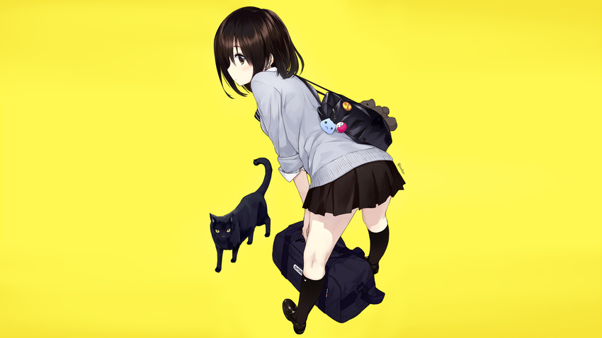 animal brown_eyes brown_hair cat kneehighs orda original seifuku short_hair signed socks yellow