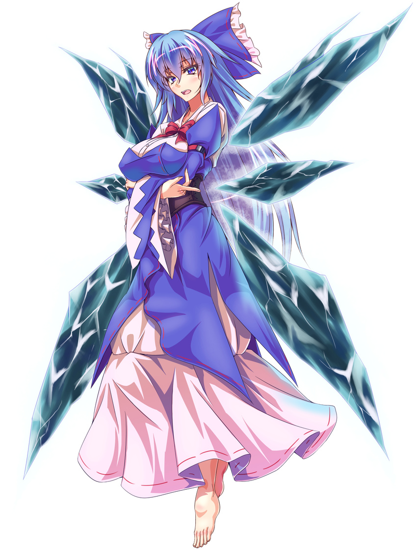 arm_strap barefoot blue_bow blue_dress blue_eyes blue_hair blush bow bowtie breast_hold breasts cirno commentary_request corset covered_nipples crossed_arms dress full_body hair_bow highres ice ice_wings large_breasts long_hair looking_at_viewer older open_mouth red_bow red_neckwear solo tachi-e touhou transparent_background wings zephid