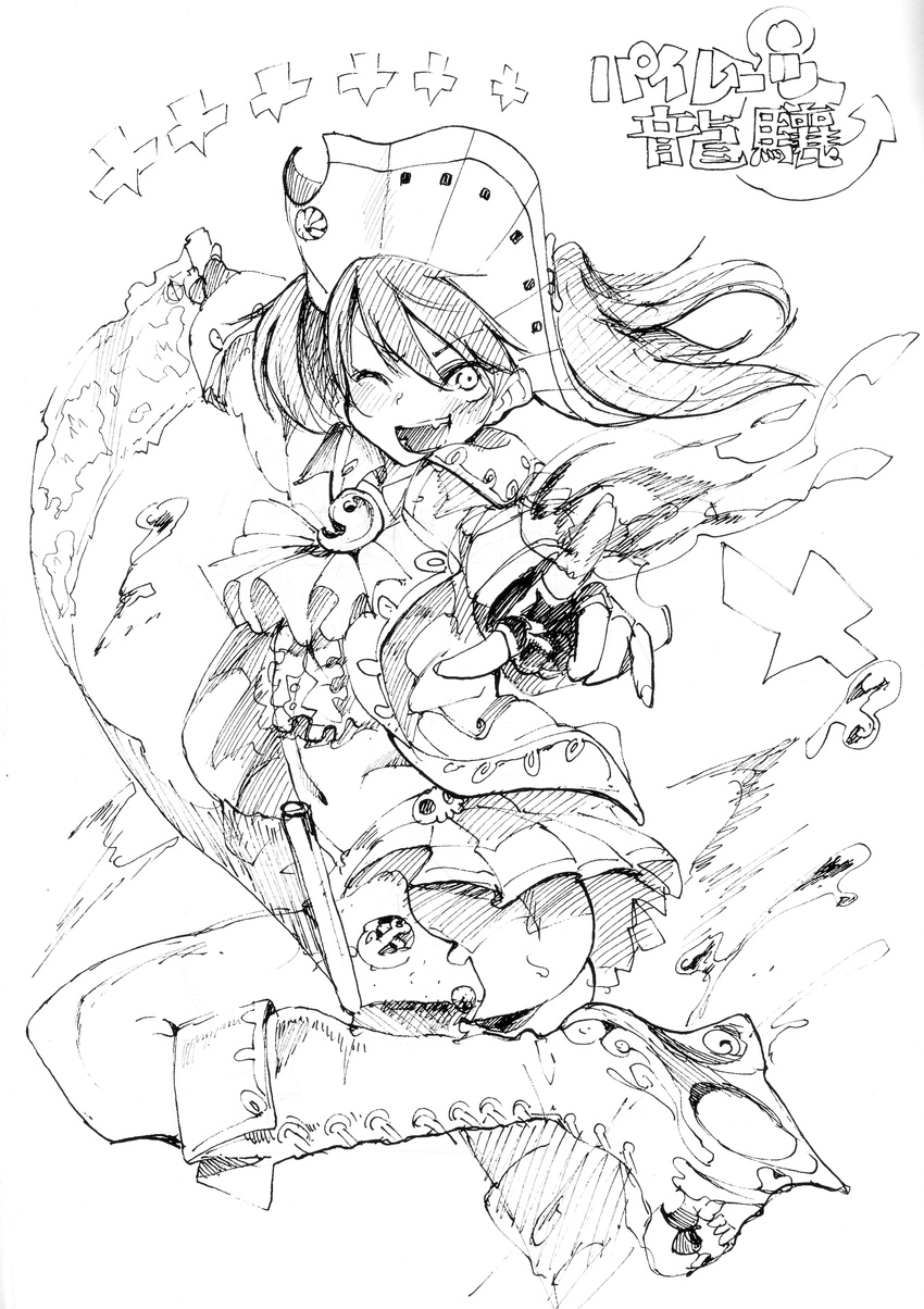 absurdres alternate_costume belt boots burning_hand fingerless_gloves gloves greyscale hat high_heels highres kantai_collection knee_boots long_hair looking_at_viewer map midriff monochrome navel open_mouth pirate_costume pirate_hat ryuujou_(kantai_collection) scarf skirt skull smile solo translation_request ze_(sawakihein)