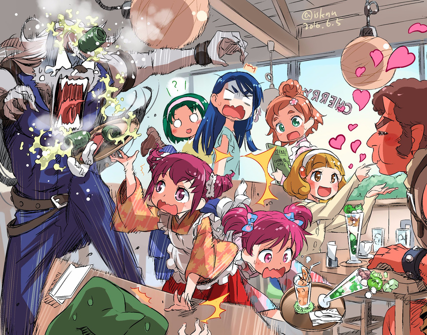 akaoni akimoto_komachi blonde_hair blue_hair go!_princess_precure green_hair haruno_haruka highres hoshizora_miyuki isedaichi_ken kise_yayoi majorina minazuki_karen pink_eyes pink_hair pouring precure smile_precure! tea wolfrun yellow_eyes yes!_precure_5 yes!_precure_5_gogo! yumehara_nozomi