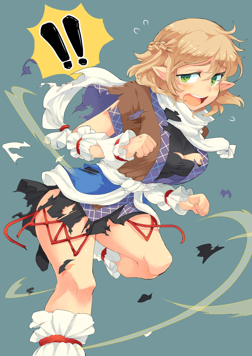 !! 1girl arm_warmers black_skirt blonde_hair blue_background blush braid breasts brown_hair cleavage earrings eyebrows flying_sweatdrops french_braid frills green_eyes highres iroyopon jewelry large_breasts leg_garter leg_warmers looking_at_viewer miniskirt mizuhashi_parsee open_mouth pointy_ears round_teeth running sash scarf shirt short_hair short_sleeves simple_background skirt solo spoken_exclamation_mark stud_earrings teeth thick_eyebrows thighs torn_clothes torn_scarf torn_shirt torn_skirt touhou white_scarf