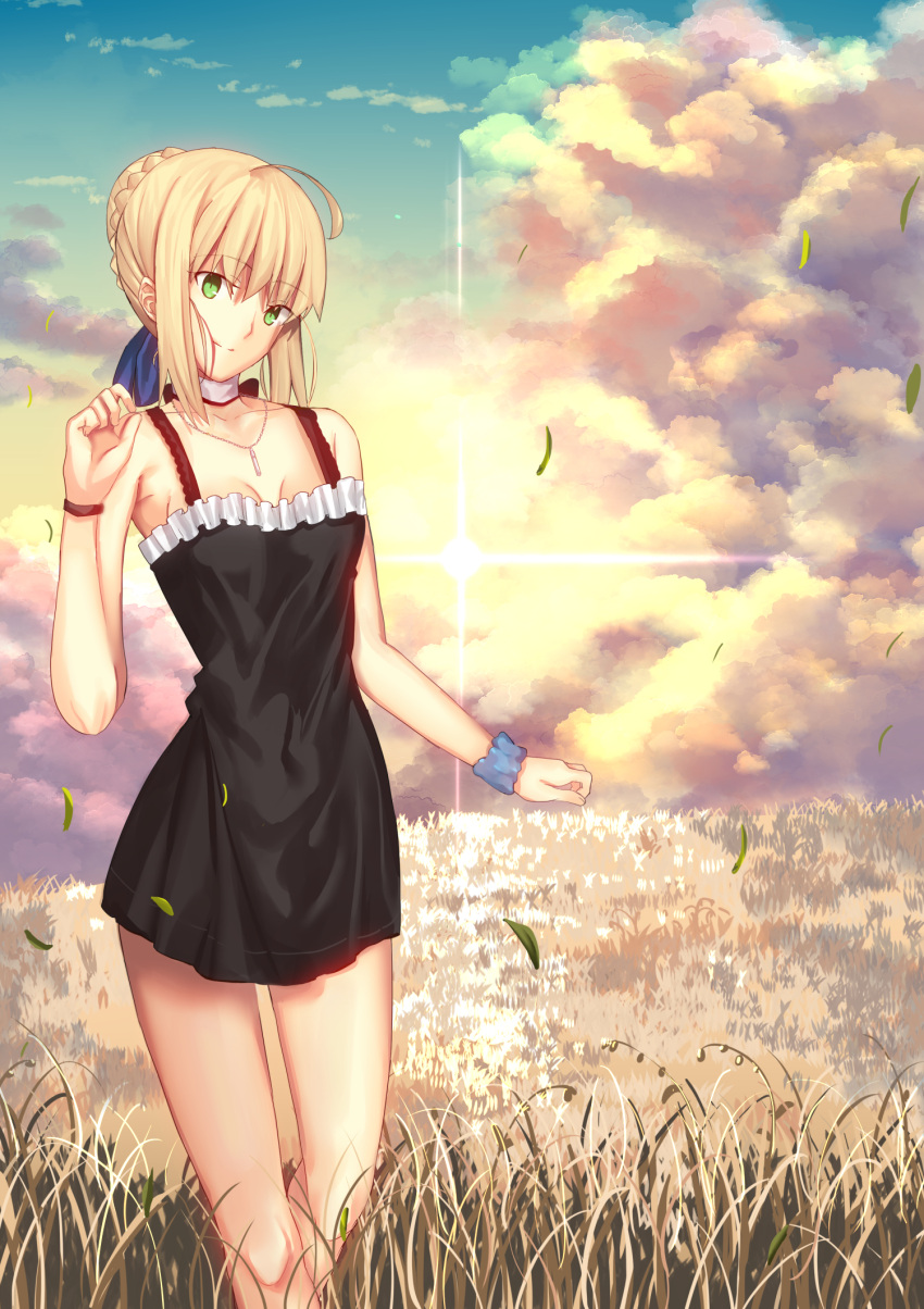 1girl ahoge alternate_costume arm_up artoria_pendragon_(fate) bare_arms bare_shoulders black_dress blonde_hair blue_sky bracelet braid breasts choker cleavage closed_mouth cloud cloudy_sky collarbone commentary_request covered_navel cowboy_shot day dress fate/stay_night fate_(series) french_braid green_eyes hair_between_eyes hair_bun hair_ribbon highres iro_(sekaixiro) jewelry looking_at_viewer outdoors ribbon saber_(fate) scrunchie short_hair sidelocks single_hair_bun sky sleeveless sleeveless_dress small_breasts solo standing thighs wrist_scrunchie