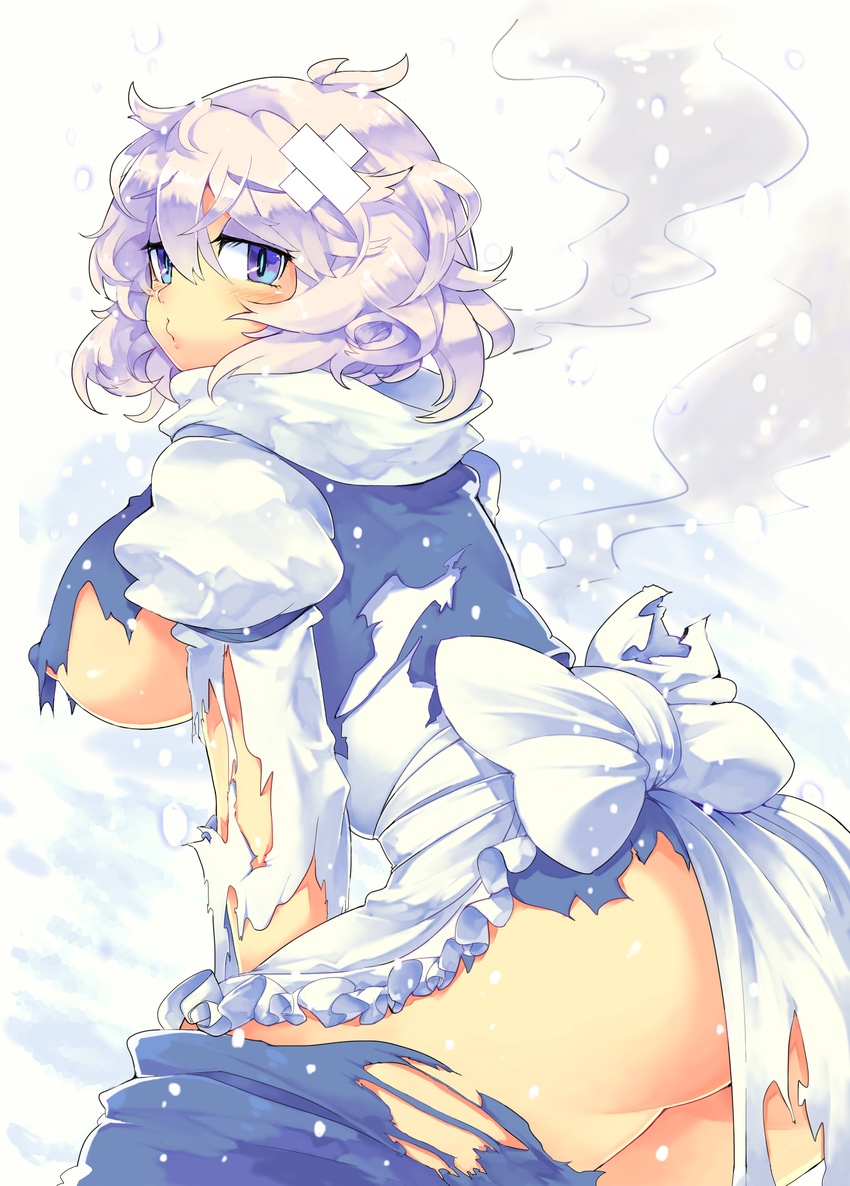 absurdres ass blue_eyes blush breasts covered_nipples eyebrows eyeshadow highres iroyopon large_breasts lavender_hair letty_whiterock looking_at_viewer makeup no_hat no_headwear plump short_hair solo thick_eyebrows torn_clothes touhou underboob